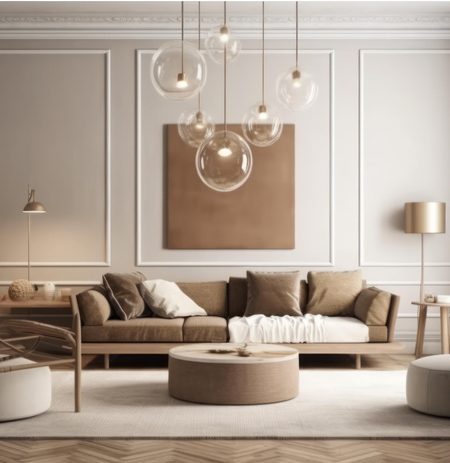 Interior design of aesthetic living room interior with mock up room, modular sofa, wooden stand, vase with branch and personal accessories. Home decor. Template. AI Generative.